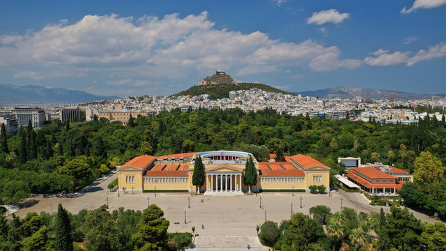 Aerial drone photo of neoclassical public masterpiece, Zapeion building in National Gardens, Athens, Attica, Greece