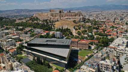 Aerial photo taken by drone of iconic new modern landmark Acropolis museum, Athens historic centre,...