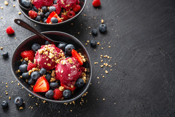 Berry refreshing ice cream scoops on plate