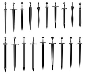 Set of simple monochrome images of medieval short swords.