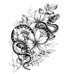 Hand Drawn Monochrome Creeping Python and Flowers