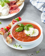 Tomato cold gazpacho soup with vegetables, mozzarella, salami, croutons and basil. Traditional Spanish summer food