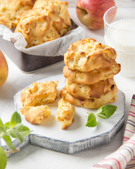 Homemade apple cookies with milk and mint, soft and tender biscuits. Summer dessert, autumn food, breakfast for children, sweet lunch
