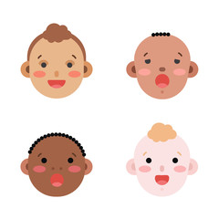 Collection of simple vector illustrations of newborn babies faces of different race and skin color. Baby emoticons illustrated as flat style icons isolated on white