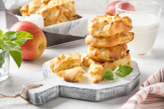 Homemade apple cookies with milk and mint, soft and tender biscuits. Summer dessert, autumn food, breakfast for children, sweet lunch