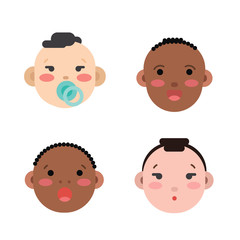 Collection of simple vector illustrations of newborn babies faces of different race and skin color. Baby emoticons illustrated as flat style icons isolated on white