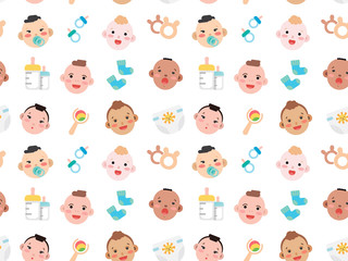 Cute vector seamless pattern illustrations with funny newborn babies faces made as simple modern flat design texture. Colorful background with emoticons and accessories