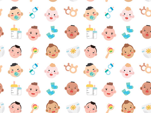 Cute vector seamless pattern illustrations with funny newborn babies faces made as simple modern flat design texture. Colorful background with emoticons and accessories