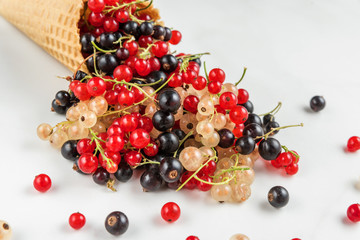 assortment of currant berries black, red and white in waffle ice cream cone on white marble background