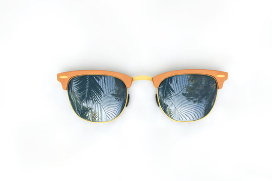 Summer sunglasses with tropical palm tree reflections. 3D Rendering
