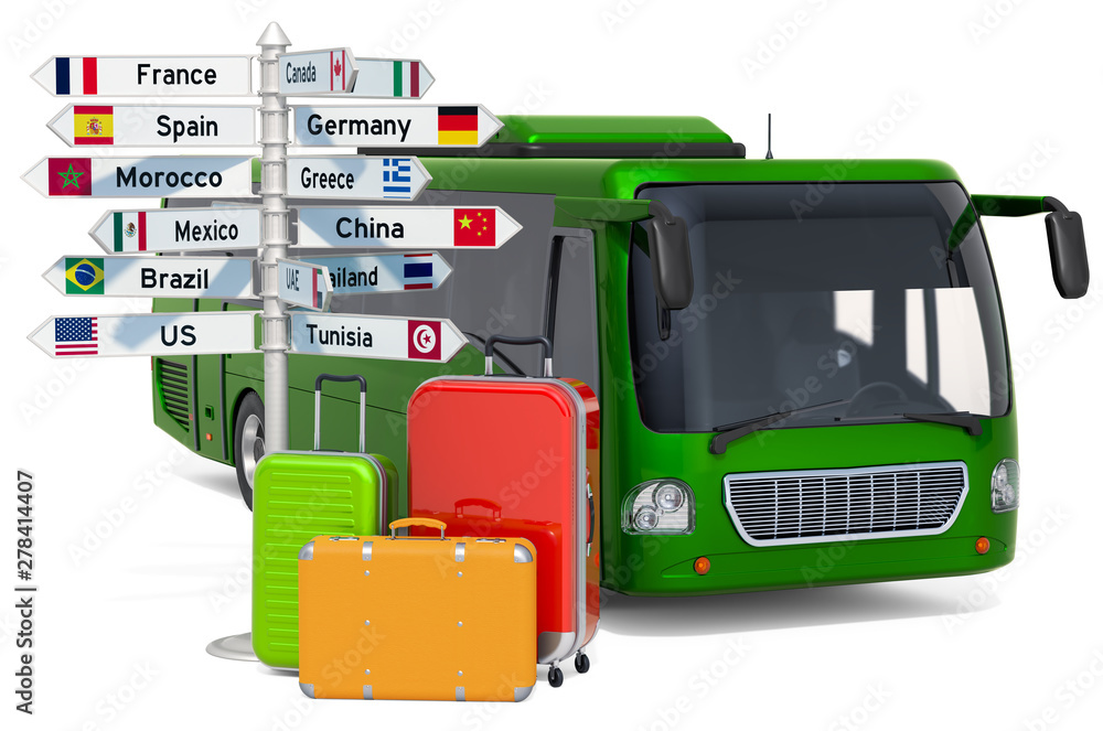 Poster traveling by bus concept. bus with suitcases and signpost, 3d rendering