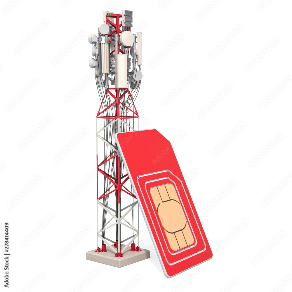 Aufkleber sim card with mobile tower. 3d rendering