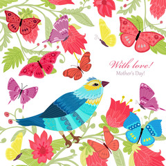 floral greeting card with fancy bird for your design