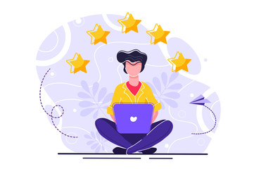 vector illustration on white background. the best estimate of performance, the score of five points. people leave feedback and comments, successful work is the highest score.