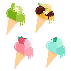 Collection of simple flat style vector illustration of ice cream cones with melting balls decorated with syrup drops, leaves, fruit and berries. Cute ice-cream with farious flavours
