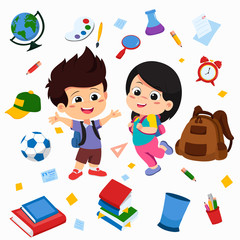 Back to school. Cute kids standing with object school such as pencil , bag,clock,book,globe,ball,glass,bin.