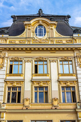 Sibiu town hall facade decoration in Transylvania, Romania, exterior partial view
