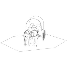 wagon colonists, horse wagon, 3D illustration, sketch, outline