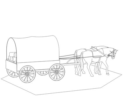 recommend clip art: wagon colonists, horse wagon, 3D illustration, sketch, outline