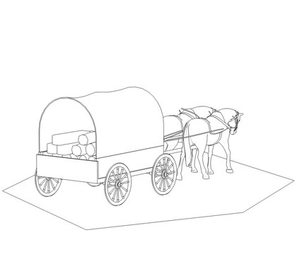 recommend clip art: wagon colonists, horse wagon, 3D illustration, sketch, outline
