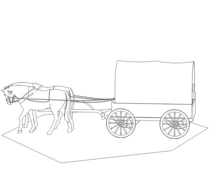 recommend clip art: wagon colonists, horse wagon, 3D illustration, sketch, outline