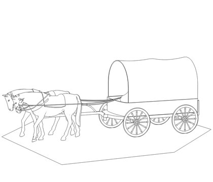 recommend clip art: wagon colonists, horse wagon, 3D illustration, sketch, outline