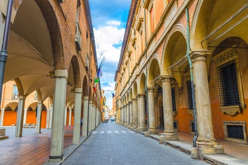 Typical italian street, buildings with columns, Palazzo Poggi museum, Accademia Delle Scienze Since...