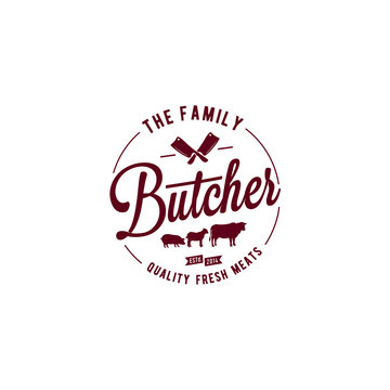 Vintage Retro Premium Meat Butcher shop label logo design with Butchery crossed cleaver knifes, lamb, pork and angus beef