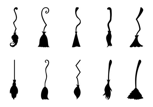 Set of different witch brooms isolated on white background. Halloween decorative elements. Vector illustration for any design.