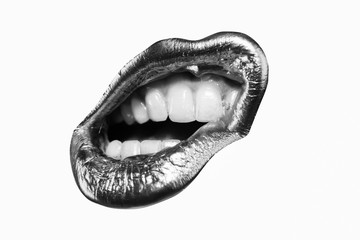 Lip icon. Golden lipstick in white and black concept. Sexy woman. Passion lip. Open mouth with...