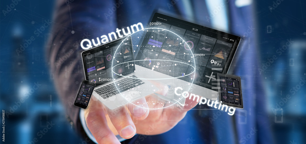 Poster businessman holding quantum computing concept with qubit and devices 3d rendering