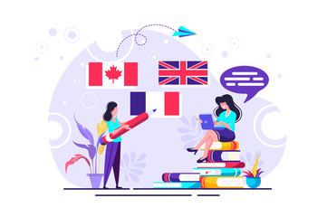 Vector creative illustration of distance learning, online learning, choice of language courses, exam preparation, home schooling