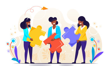 Fototapeta premium Business concept. Team metaphor. people connecting puzzle elements. Vector illustration flat design style. Symbol of teamwork, cooperation, partnership