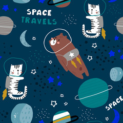 Childish seamless pattern with bear and cat in cosmos. Trendy scandinavian vector background. Perfect for kids apparel,fabric, textile, nursery decoration,wrapping paper