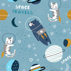 Kinderachtig naadloos patroon met beer en kat in kosmos. Trendy Scandinavische vector achtergrond. Perfect voor kinderkleding, stof, textiel, kinderkamerdecoratie, inpakpapier