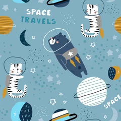 Gordijnen Kinderachtig naadloos patroon met beer en kat in kosmos. Trendy Scandinavische vector achtergrond. Perfect voor kinderkleding, stof, textiel, kinderkamerdecoratie, inpakpapier © solodkayamari