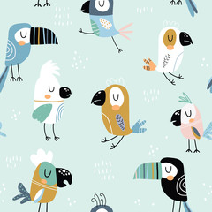 Seamless childish pattern with colorful parrots and toucans. Creative scandinavian style kids texture for fabric, wrapping, textile, wallpaper, apparel. Vector illustration