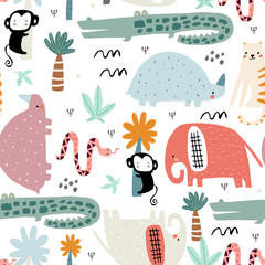 Nahtloses kindisches Muster mit afrikanischen Tieren. Kreative skandinavische Kindertextur für Stoffe, Verpackungen, Textilien, Tapeten, Bekleidung. Vektor-Illustration