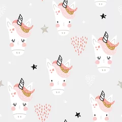 Seamless pattern with cute fairy unicorns heads. Creative childish background. Perfect for kids apparel,fabric, textile, nursery decoration,wrapping paper.Vector Illustration
