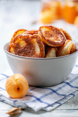 Sourdough pancakes in a ceramic bowl.