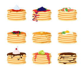 Cartoon Color Pancakes with Different Toppings Set. Vector