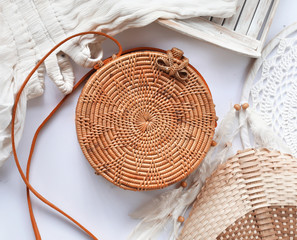 fashionable handmade natural organic rattan bag. Trandy bamboo eco bag from bali isolited on white background - 278420489