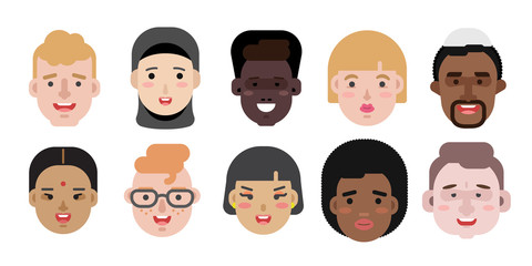 Collection of simple vector illustrations of multiracial and multicultural face avatars. People of different race and nationlities illustrated as characters