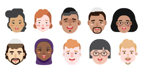 Collection of simple vector illustrations of multiracial and multicultural face avatars. People of different race and nationlities illustrated as characters