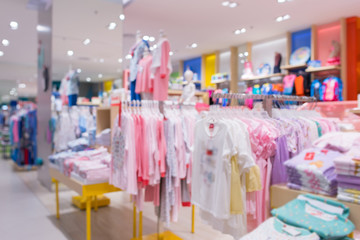 Blurred showcases fashion boutique Clothing store in a modern shopping mall. Cloth and acessorie modern shop blur background.