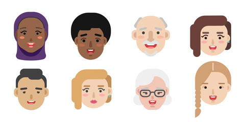 Collection of simple vector illustrations of multiracial and multicultural face avatars. People of different race and nationlities illustrated as characters