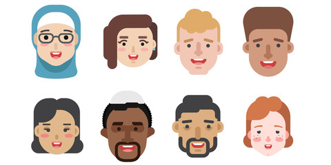 Collection of simple vector illustrations of multiracial and multicultural face avatars. People of different race and nationlities illustrated as characters