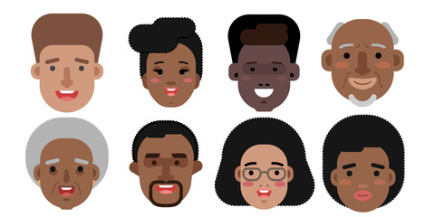 Collection of simple vector illustrations of multiracial and multicultural face avatars. People of different race and nationlities illustrated as characters