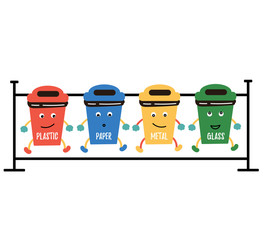 Funny dumpster plastic, paper, metal, glass. Waste distribution. Waste reduction. Vector editable file eps 10