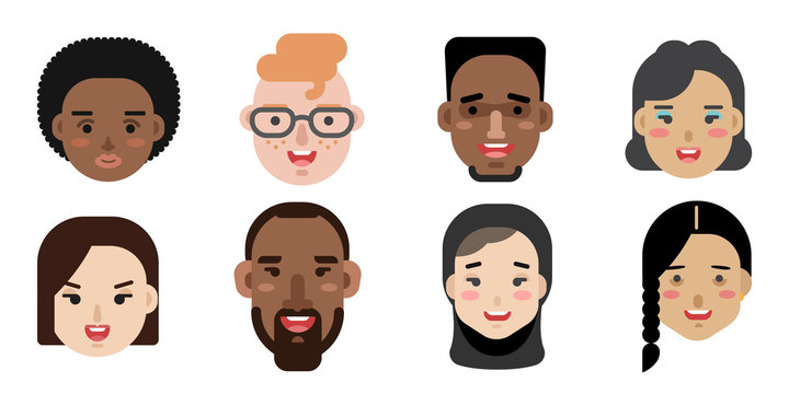 Collection of simple vector illustrations of multiracial and multicultural face avatars. People of different race and nationlities illustrated as characters